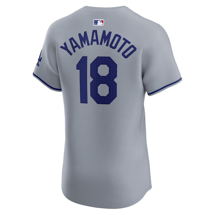 Yoshinobu Yamamoto 18 Los Angeles Dodgers 2024 World Series Road Elite Player Gray MLB Jersey Men's