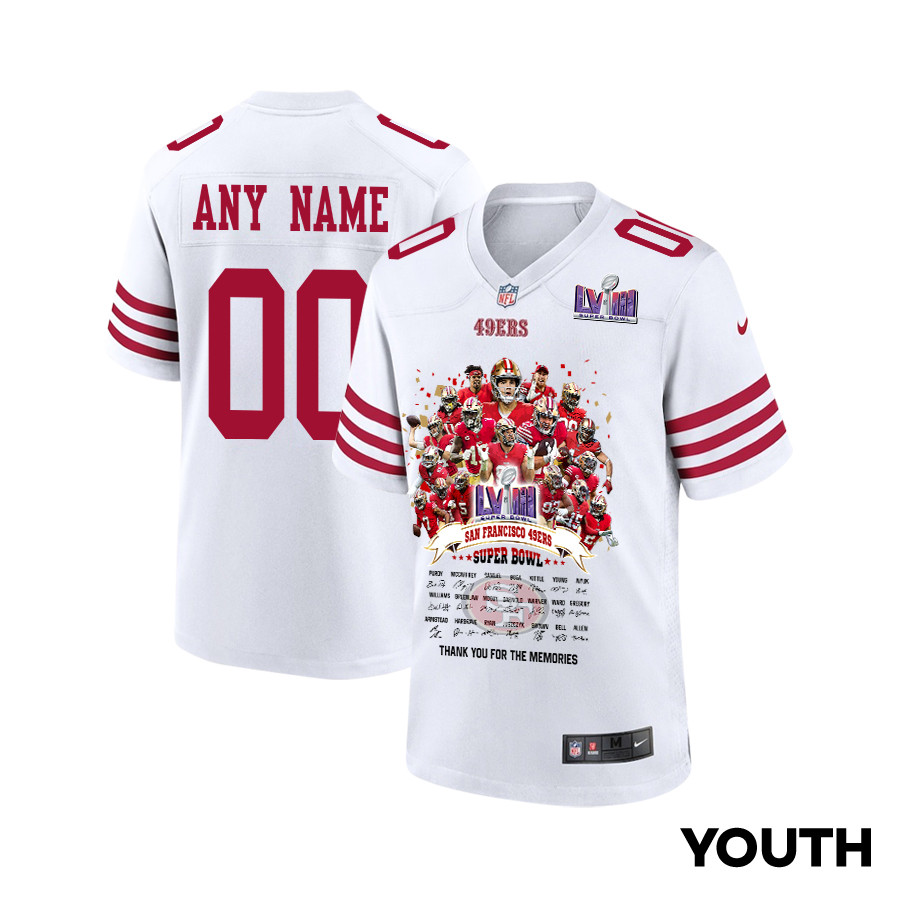 San Francisco 49ers Super Bowl LVIII Thanks For Memories Game Custom White NFL Jersey Youth