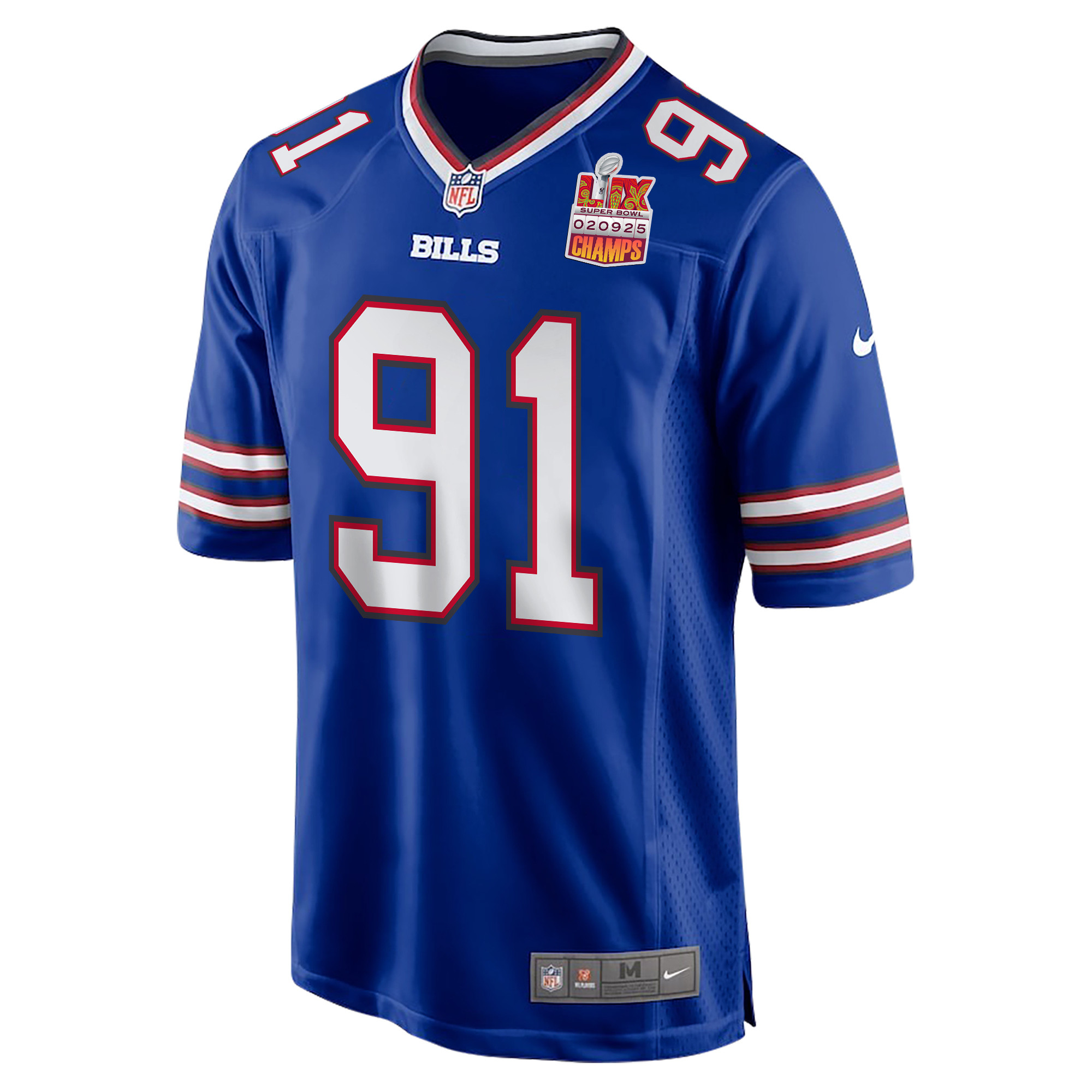 Ed Oliver 91 Buffalo Bills Super Bowl LIX Champions Patch Game Royal NFL Jersey Men's