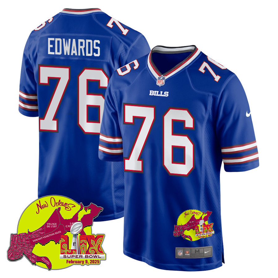 David Edwards 76 Buffalo Bills Super Bowl LIX New Orleans Patch Game Royal NFL Jersey Men's