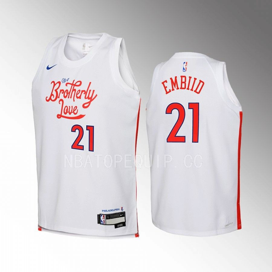 Philadelphia 76ers Joel Embiid 21 City Editio Whit Swingman NBA Jersey Youth