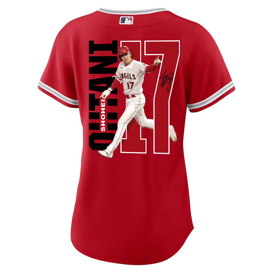 Shohei Ohtani 17 Los Angeles Angels Signed Run 2023 Alternate Player Red MLB Jersey Women's