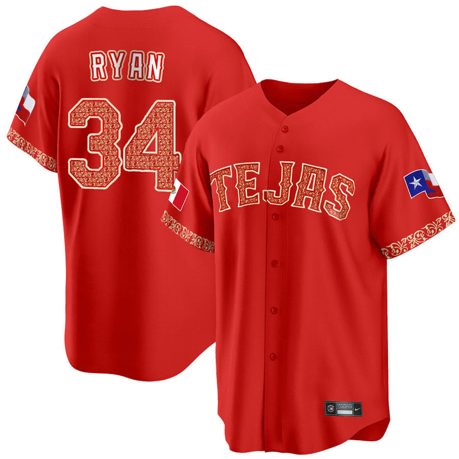 Nolan Ryan 34 Texas Rangers Mexican Collection Red MLB Jersey Men's