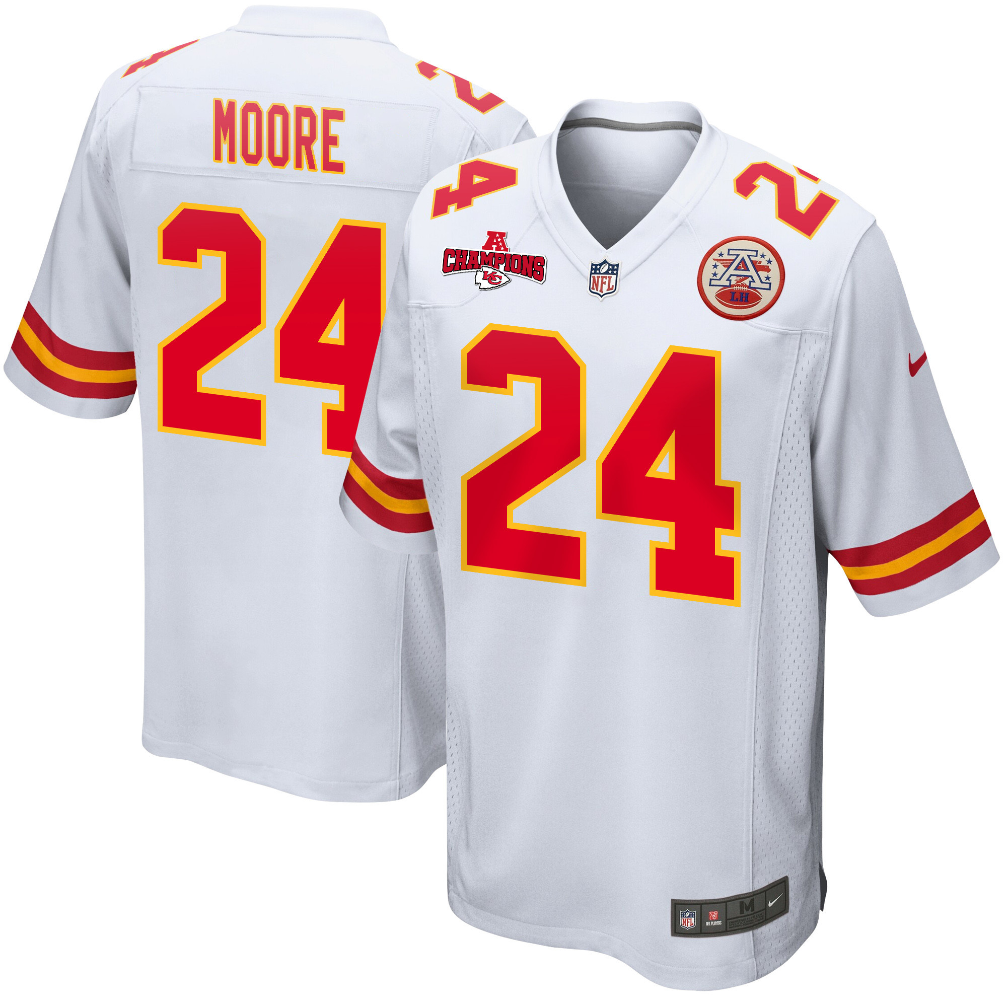 Skyy Moore 24 Kansas City Chiefs AFC Champions Patch Game White NFL Jersey Men's