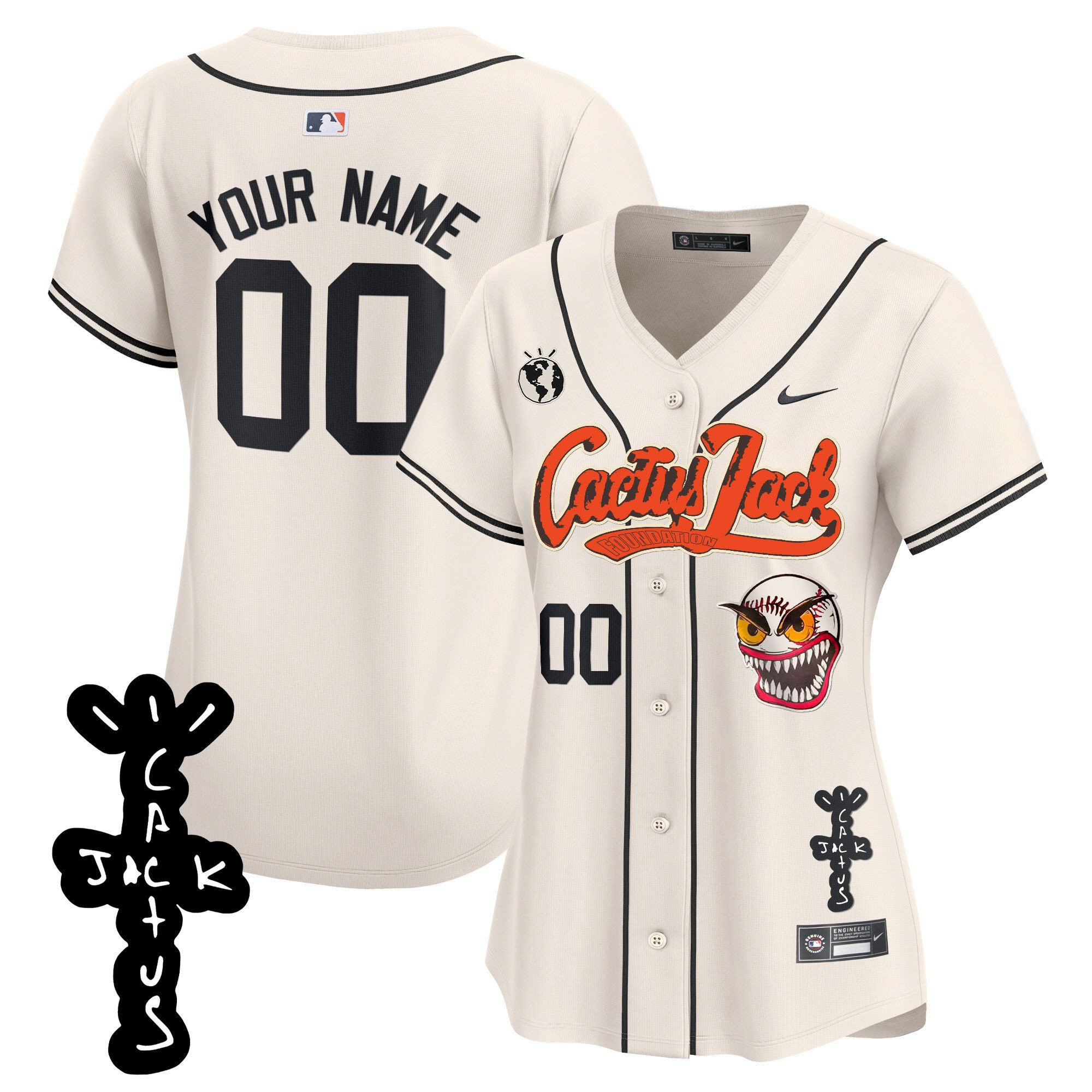 Houston Astros Cactus Jack Patch V2 Custom Cream MLB Jersey Women's
