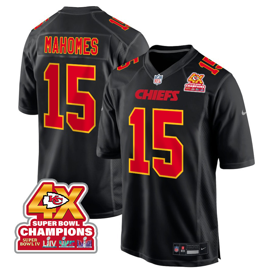 Patrick Mahomes 15 Kansas City Chiefs Super Bowl LVIII Champions 4X Fashion Game Carbon Black NFL Jersey Men's
