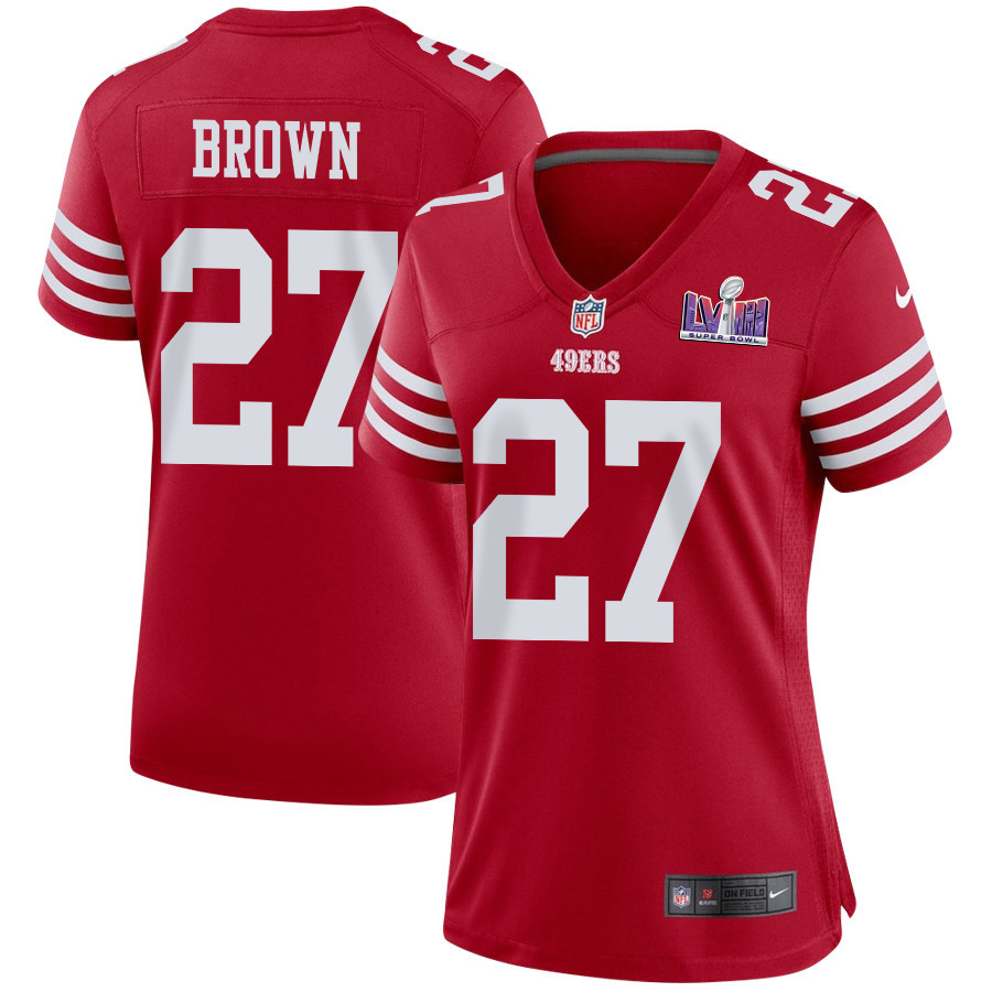 Ji'Ayir Brown 27 San Francisco 49ers Super Bowl LVIII Patch Game Scarlet NFL Jersey Women's