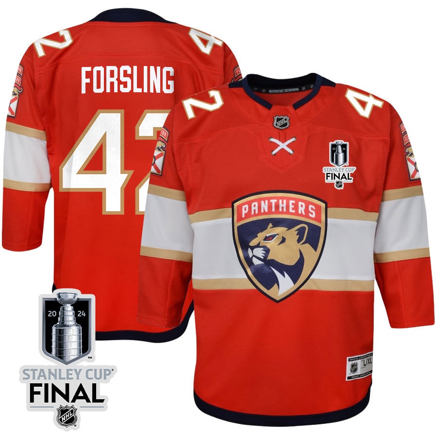 Gustav Forsling 42 Florida Panthers 2024 STANLEY CUP Final Home Breakaway Red NHL Jersey Youth