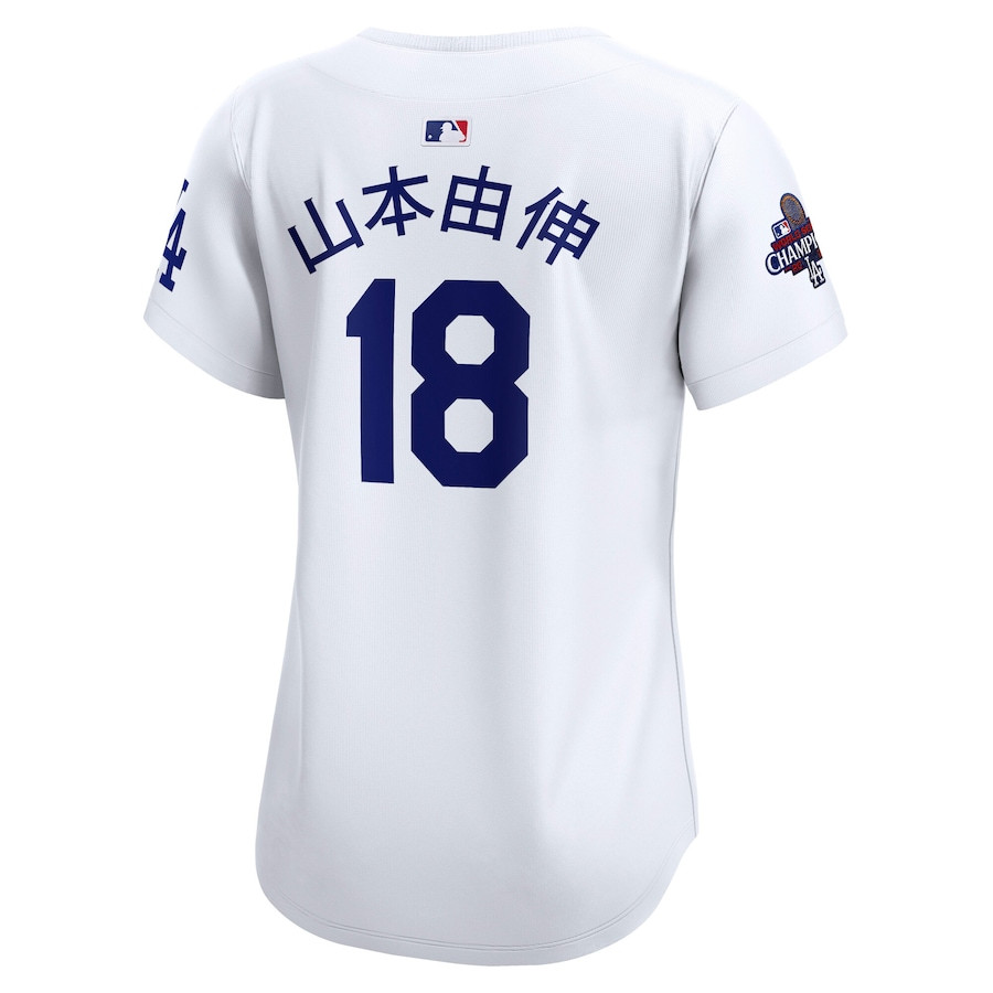 Yoshinobu Yamamoto 18 Los Angeles Dodgers 2024 World Series Champions Japanese Characters Limited Player White MLB Jersey Women's