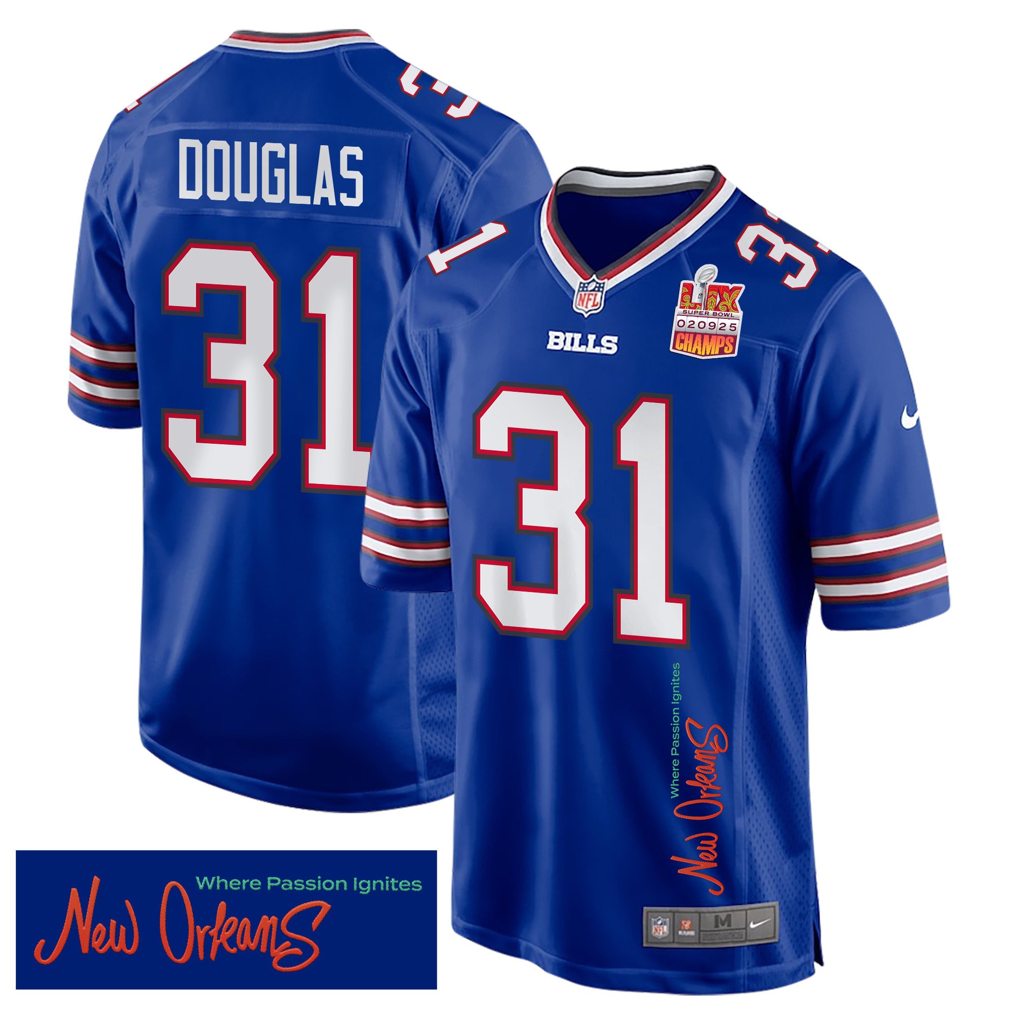 Rasul Douglas 31 Buffalo Bills Super Bowl LIX Champions Patch New Orleans Where Passion Ignites' EMBROIDERED Game Royal NFL Jersey Men's