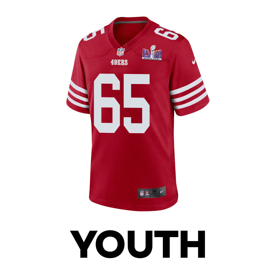 Aaron Banks 65 San Francisco 49ers Super Bowl LVIII Patch Game Scarlet NFL Jersey Youth