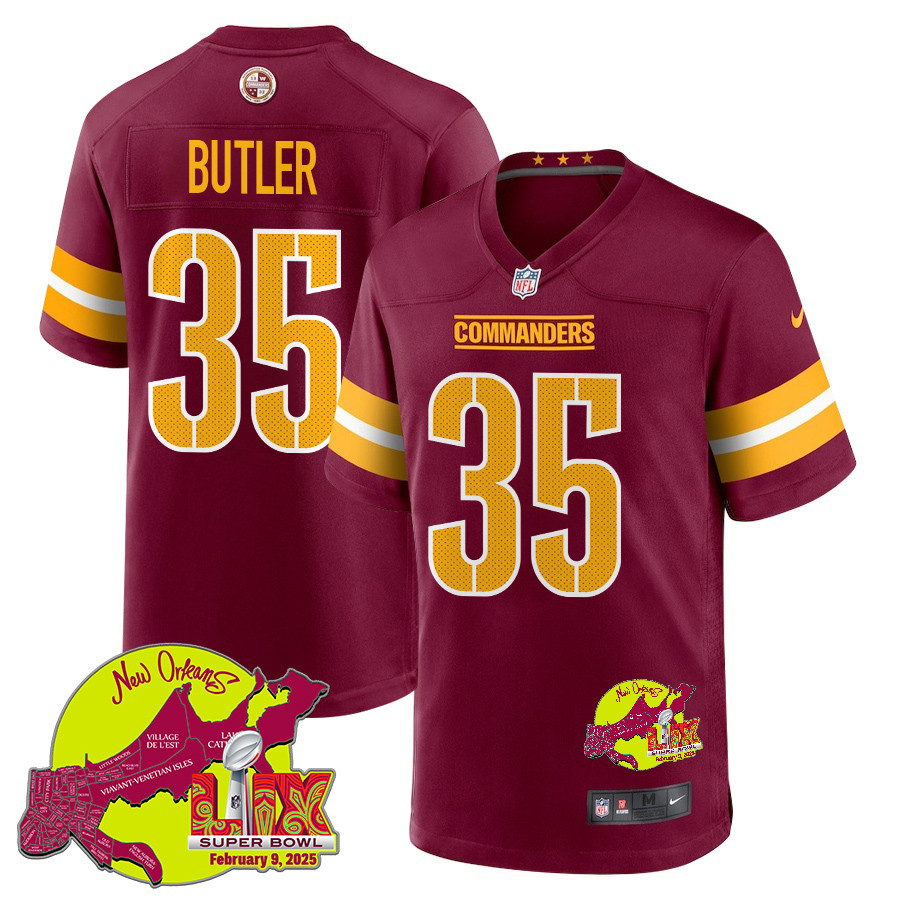 Percy Butler 35 Washington Commanders Super Bowl LIX New Orleans Patch Game Burgundy NFL Jersey Men's