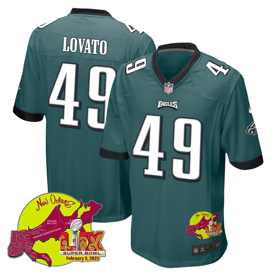 Rick Lovato 49 Philadelphia Eagles Super Bowl LIX New Orleans Patch Game Midnight Green NFL Jersey Men's
