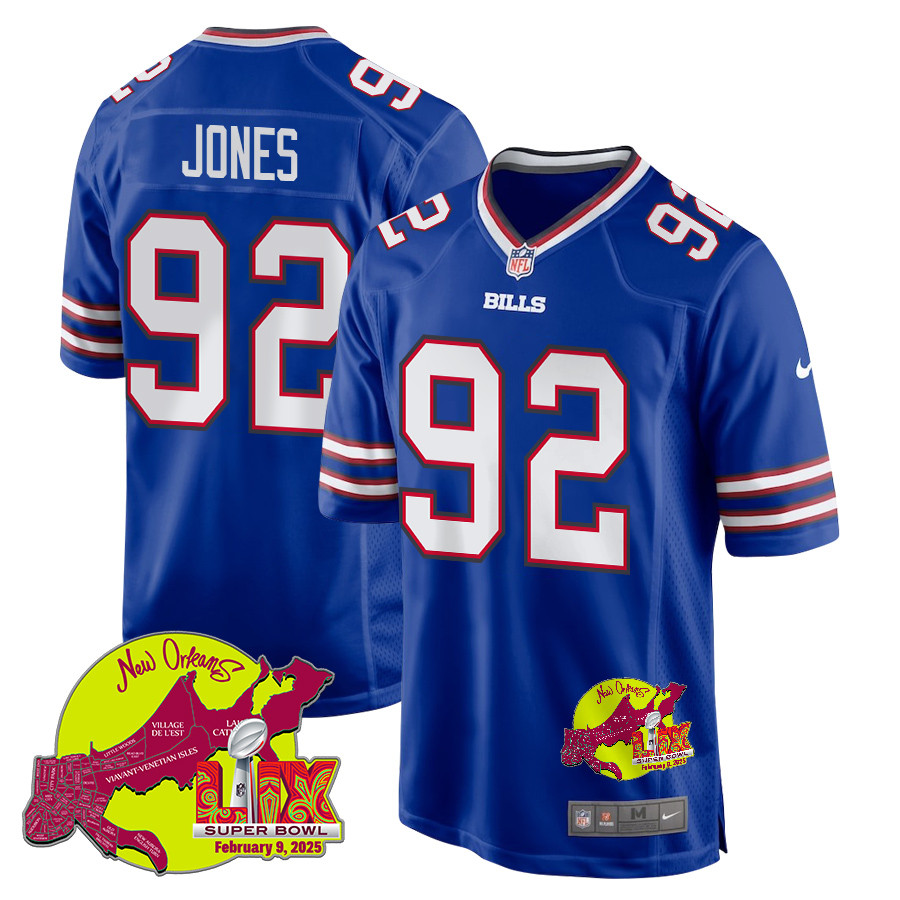 DaQuan Jones 92 Buffalo Bills Super Bowl LIX New Orleans Patch Game Royal NFL Jersey Men's