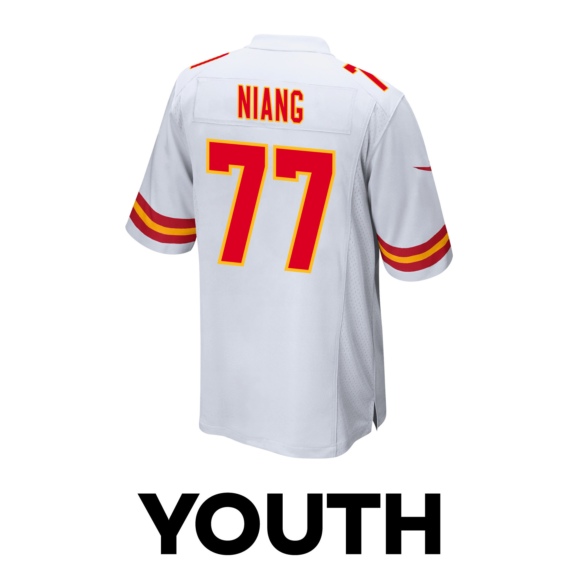 Lucas Niang 77 Kansas City Chiefs Super Bowl LVIII Champions 4 Stars Patch Game White NFL Jersey Youth