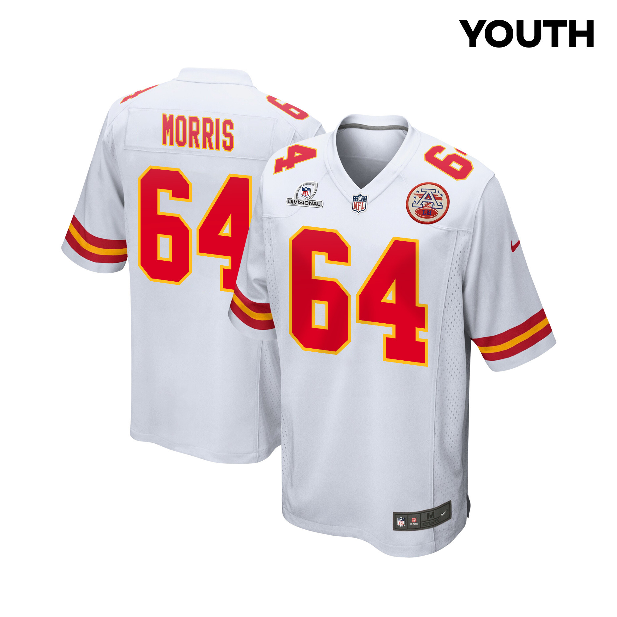 Wanya Morris 64 Kansas City Chiefs Super Bowl LVIII Patch Game White NFL Jersey Youth