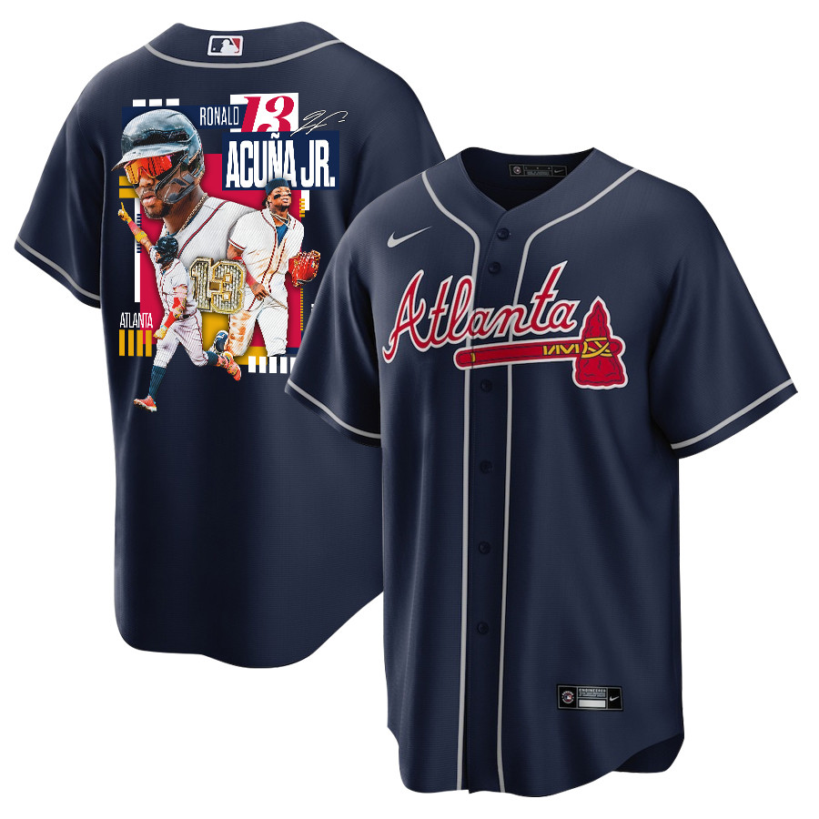 Ronald Acu?a Jr. 13 Atlanta Braves Signed MVP 2023 Alternate Player Navy MLB Jersey Men's