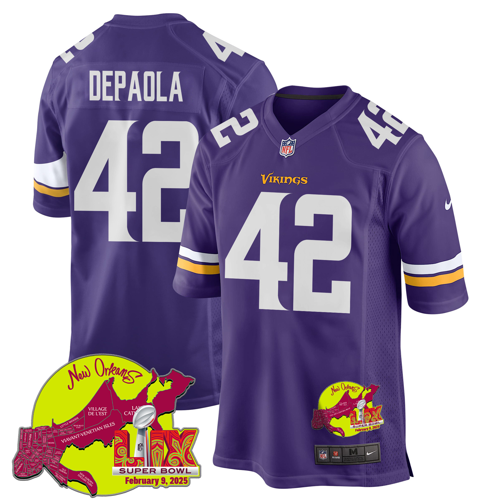Andrew DePaola 42 Minnesota Vikings Super Bowl LIX New Orleans Patch Game Purple NFL Jersey Men's