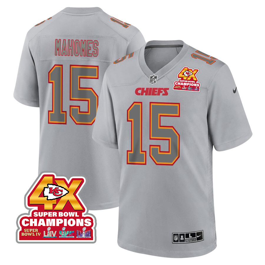 Patrick Mahomes 15 Kansas City Chiefs Super Bowl LVIII Champions 4X Atmosphere Fashion Game Gray NFL Jersey Men's