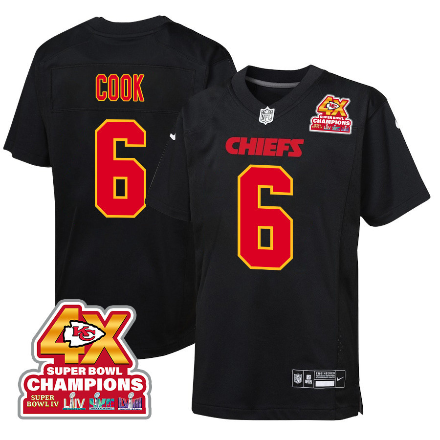 Bryan Cook 6 Kansas City Chiefs Super Bowl LVIII Champions 4X Fashion Game Carbon Black NFL Jersey Youth