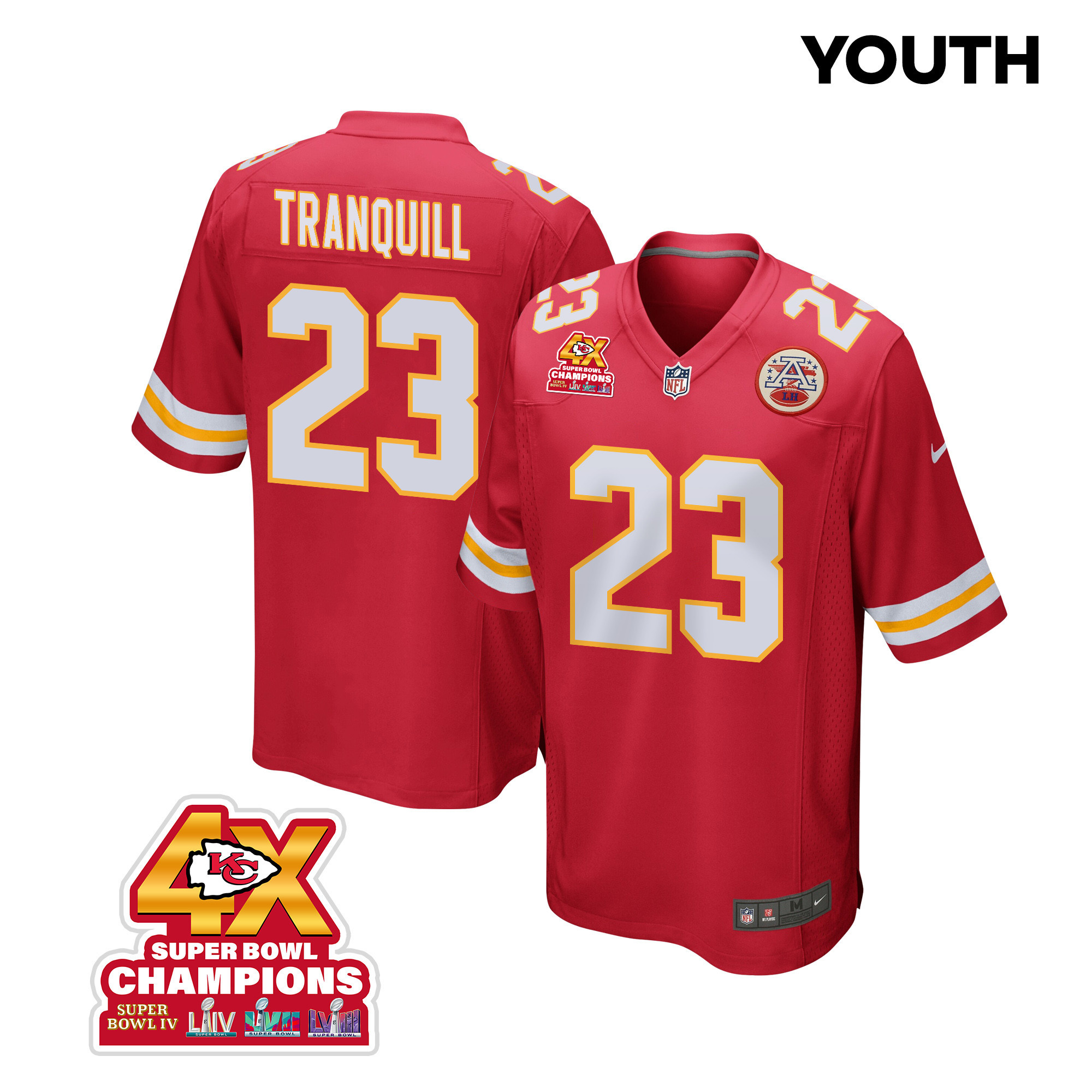Drue Tranquill 23 Kansas City Chiefs Super Bowl LVIII Champions 4X Game Red NFL Jersey Youth