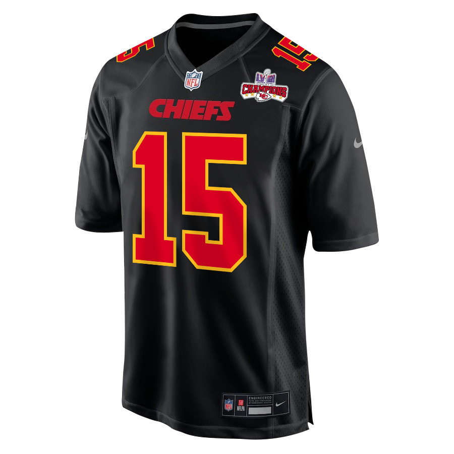 Patrick Mahomes 15 Kansas City Chiefs Super Bowl LVIII Champions 4 Stars Patch Fashion Game Carbon Black NFL Jersey Men's