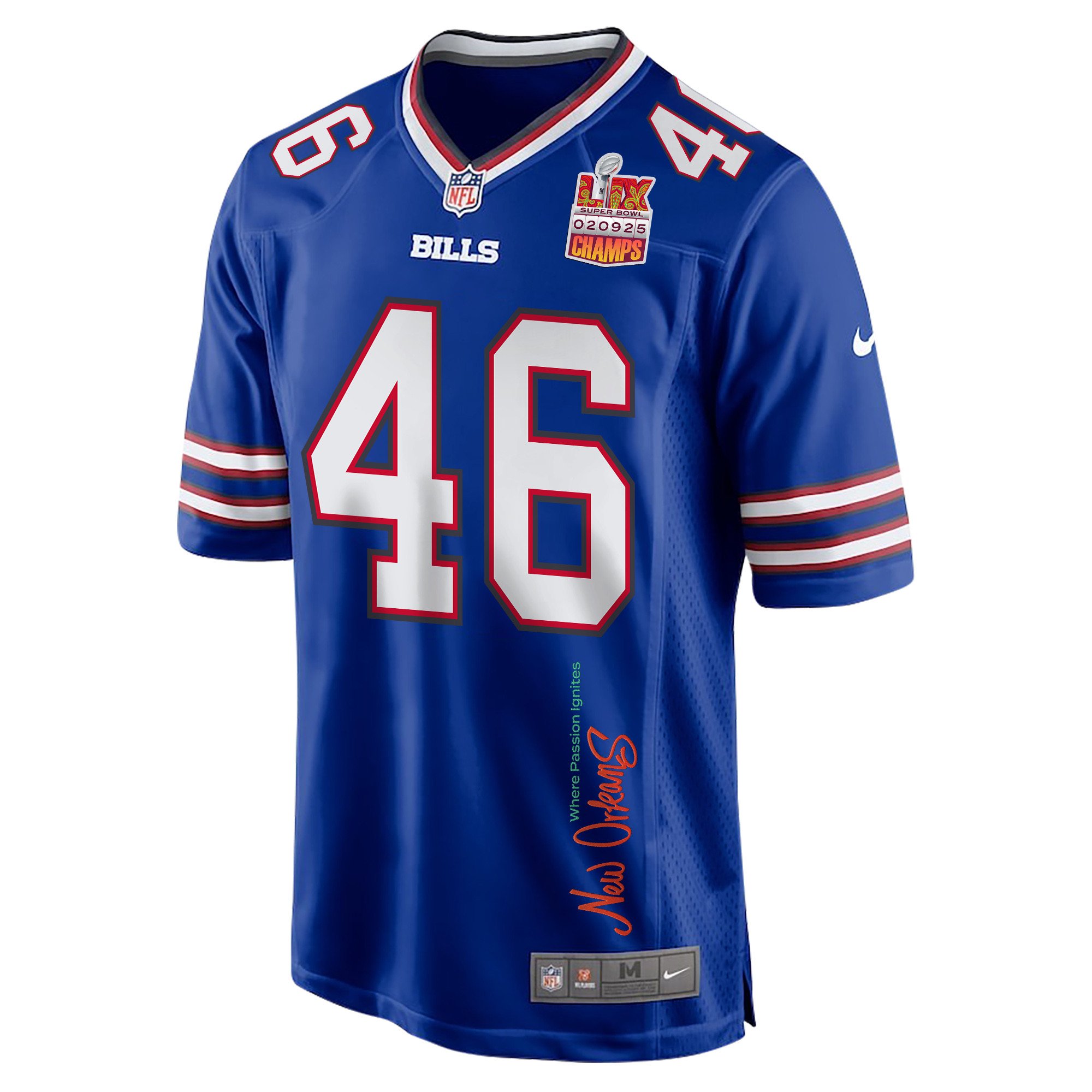 Ja'Marcus Ingram 46 Buffalo Bills Super Bowl LIX Champions Patch New Orleans Where Passion Ignites' EMBROIDERED Game Royal NFL Jersey Men's