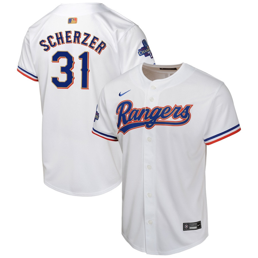 Max Scherzer 31 Texas Rangers 2024 Gold Collection Limited White MLB Jersey Youth