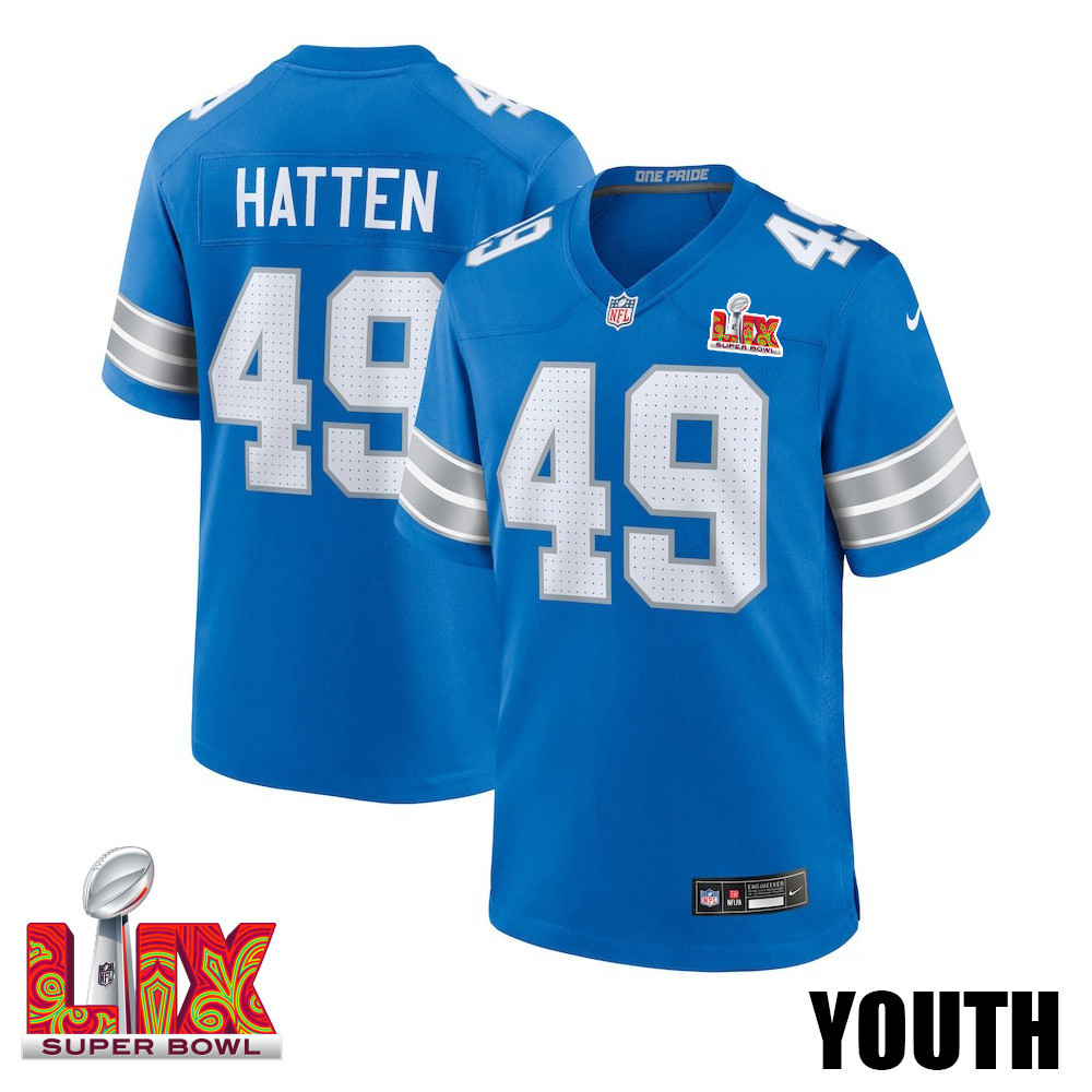 Hogan Hatten #49 Detroit Lions Super Bowl LIX Blue NFL Jersey Youth