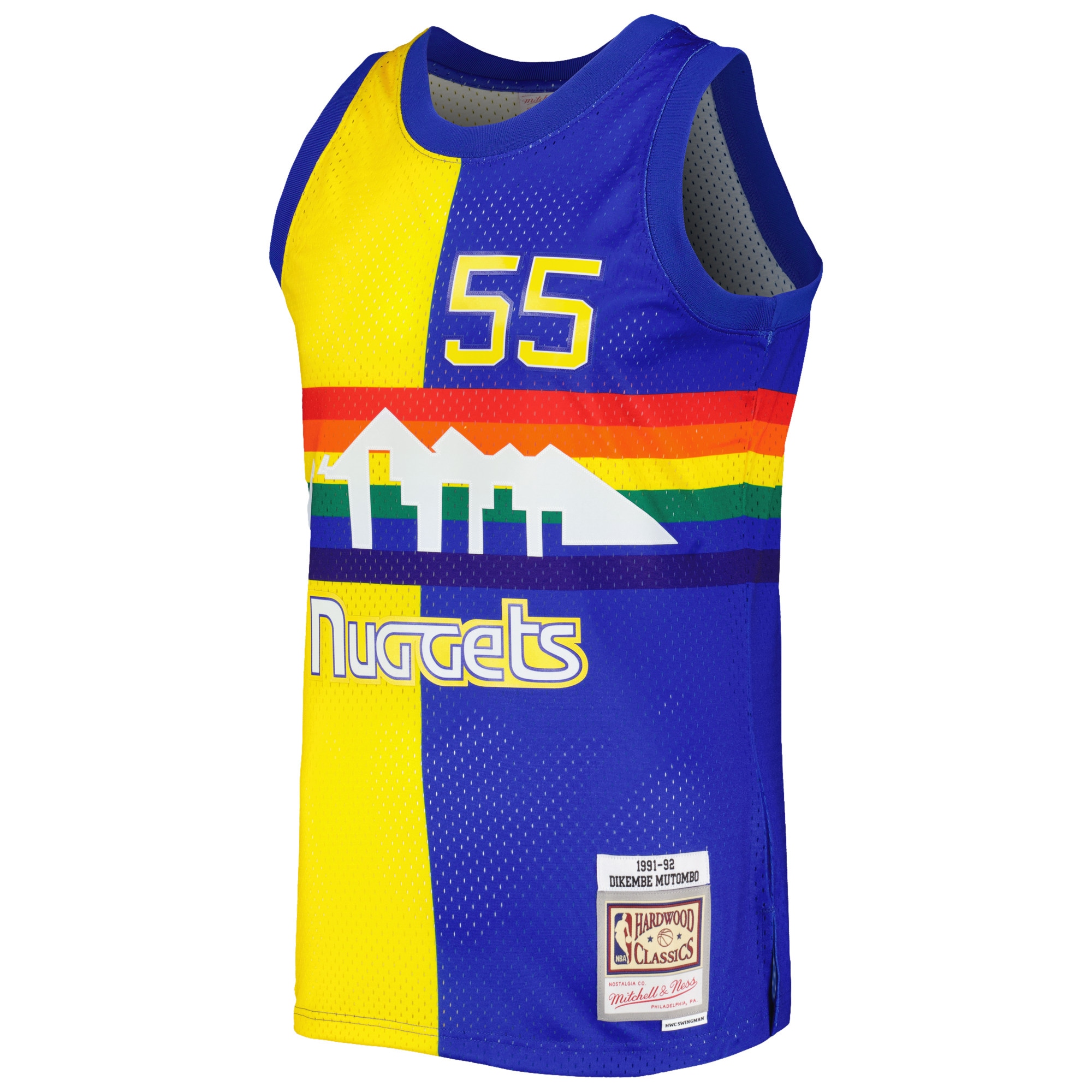 Mitchell Ness Dikembe Mutombo Royal/Gold Denver Nuggets Hardwood Classics 1991/92 Split Swingman NBA Jersey Men's
