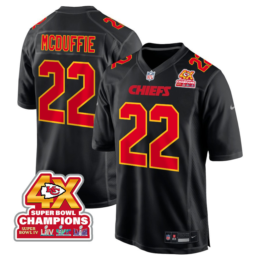 Trent McDuffie 22 Kansas City Chiefs Super Bowl LVIII Champions 4X Fashion Game Carbon Black NFL Jersey Men's