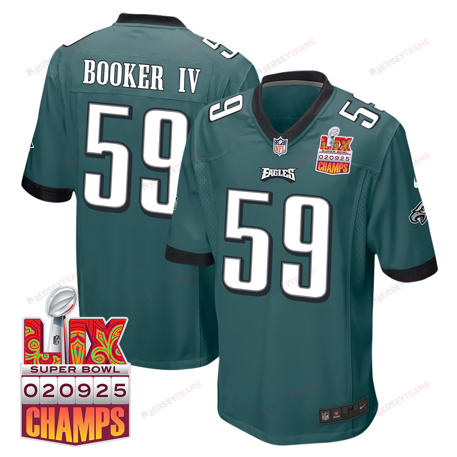 Thomas Booker IV 59 Philadelphia Eagles Super Bowl LIX Champions Patch Game Midnight Green NFL Jersey Men's
