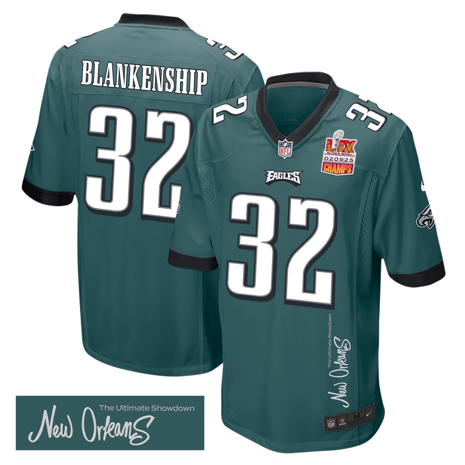 Reed Blankenship 32 Philadelphia Eagles Super Bowl LIX Champions Patch New Orleans The Ultimate Showdown' EMBROIDERED Game Midnight Green NFL Jersey Men's