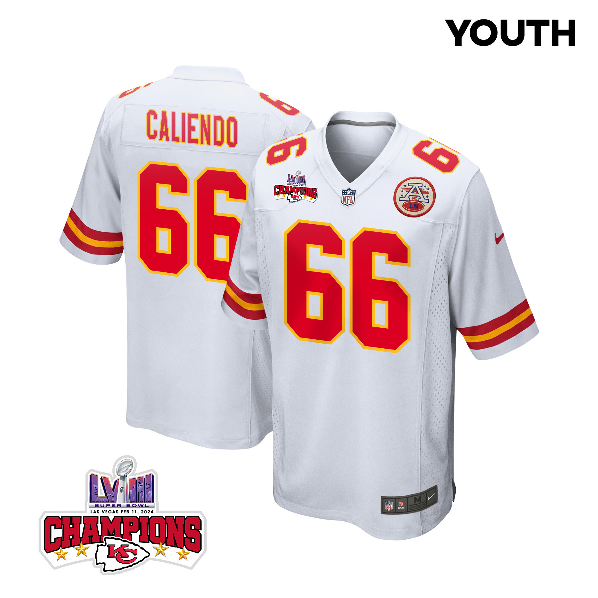 Mike Caliendo 66 Kansas City Chiefs Super Bowl LVIII Champions 4 Stars Patch Game White NFL Jersey Youth
