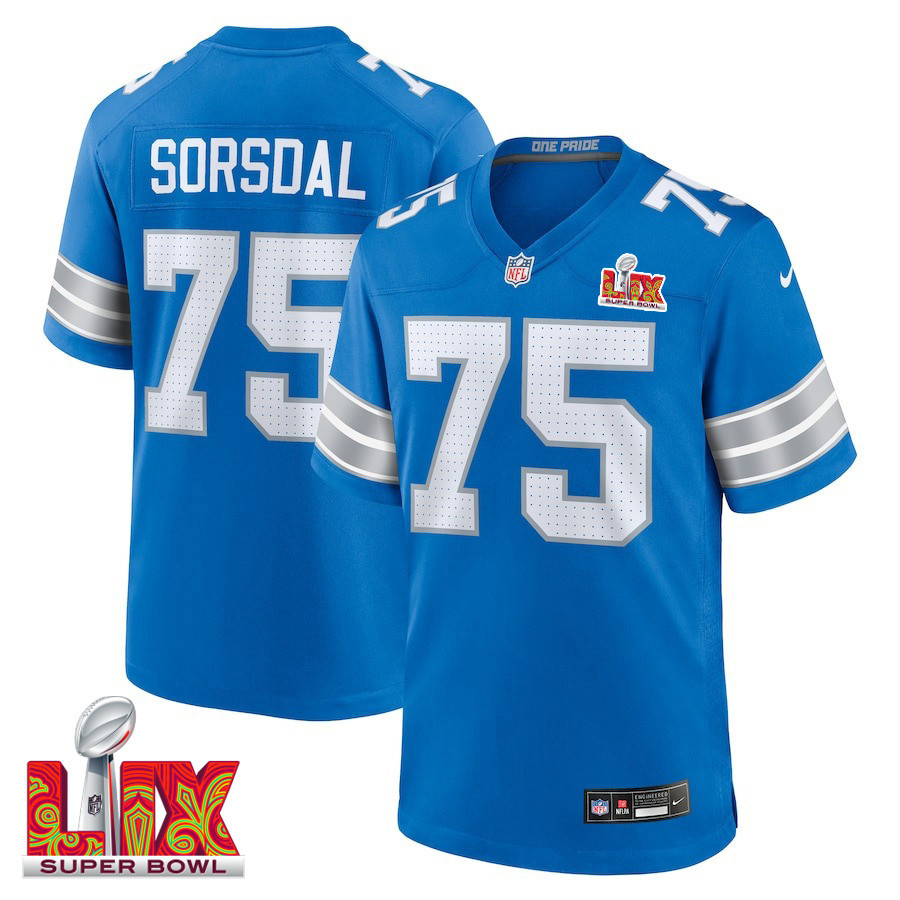 Colby Sorsdal #75 Detroit Lions Super Bowl LIX Blue NFL Jersey Youth