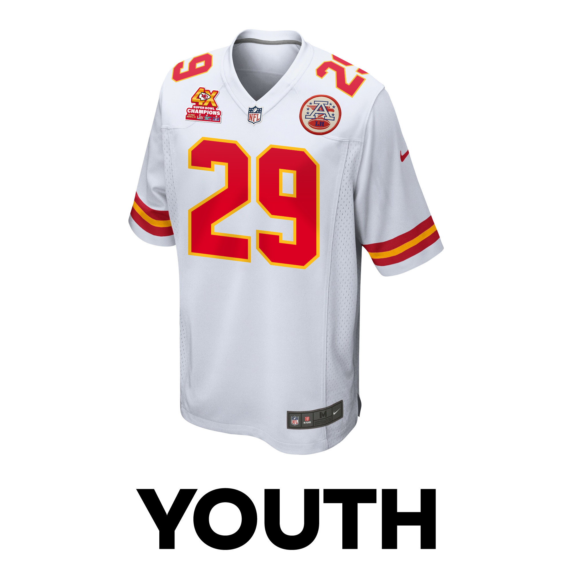 La'Mical Perine 29 Kansas City Chiefs Super Bowl LVIII Champions 4X Game White NFL Jersey Youth