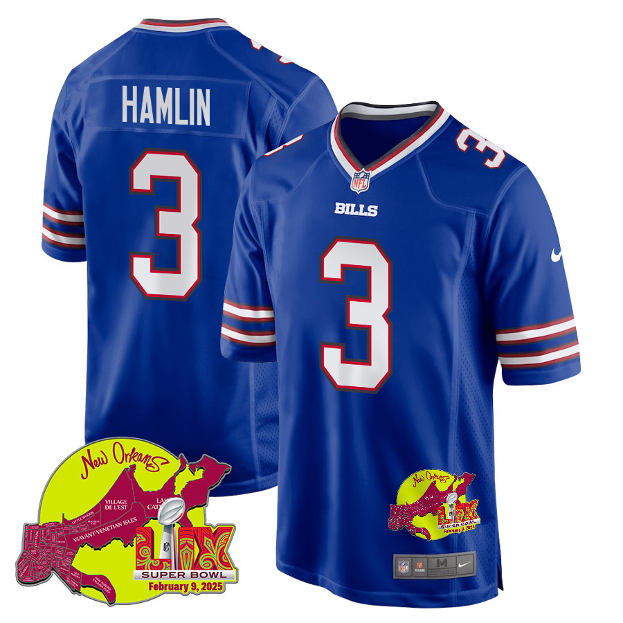 Damar Hamlin 3 Buffalo Bills Super Bowl LIX New Orleans Patch Game Royal NFL Jersey Men's
