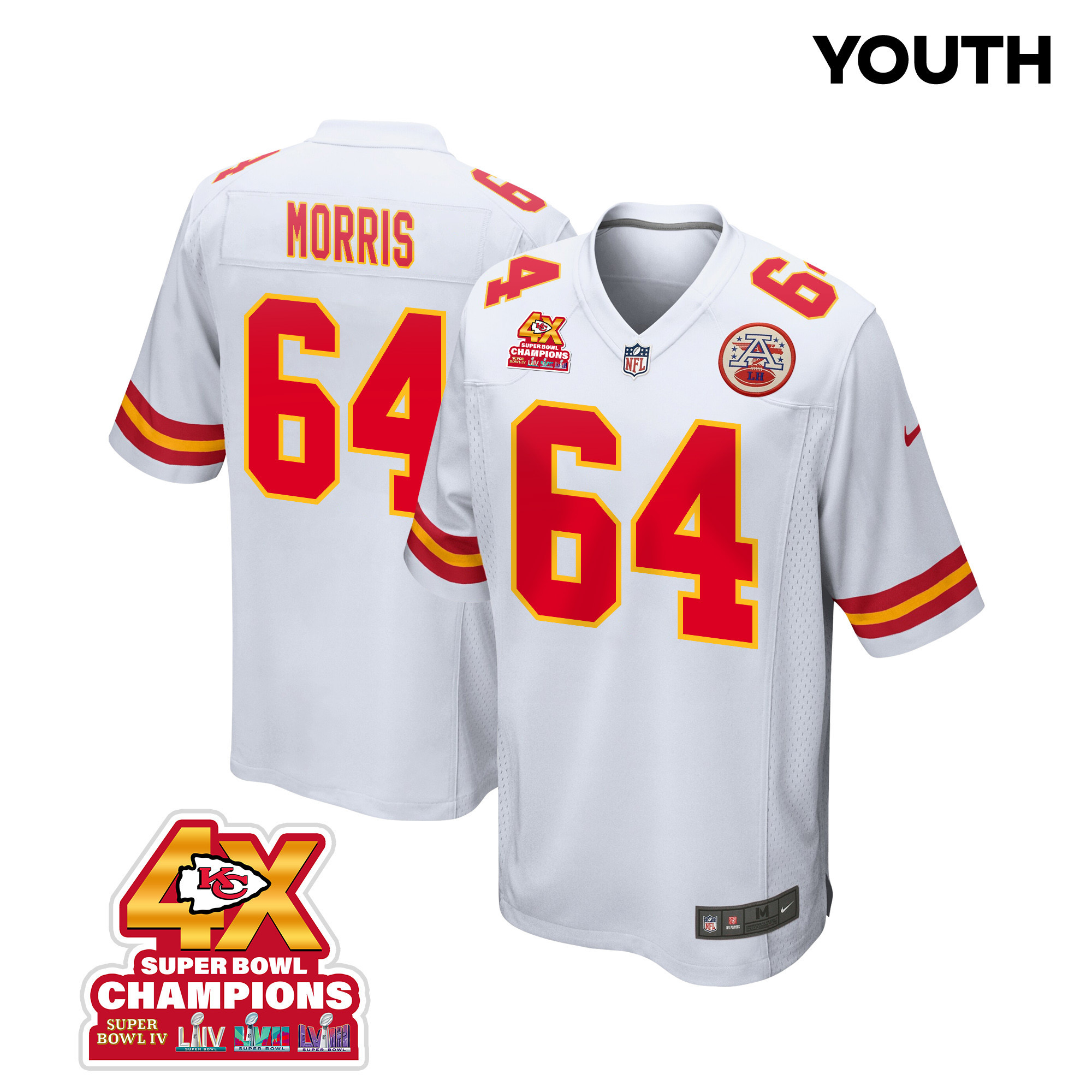 Wanya Morris 64 Kansas City Chiefs Super Bowl LVIII Champions 4X Game White NFL Jersey Youth