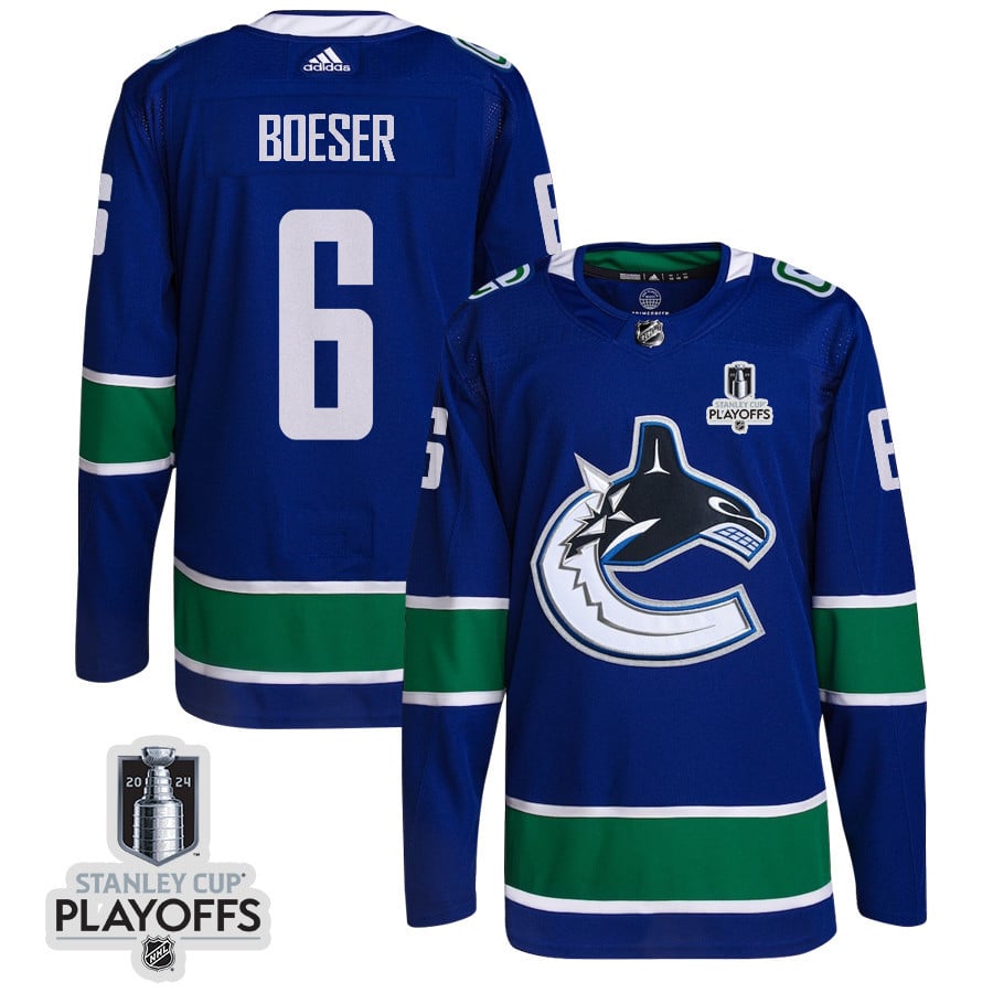 Brock Boeser 6 Vancouver Canucks 2024 Playoffs Patch Home Blue NHL Jersey Men's