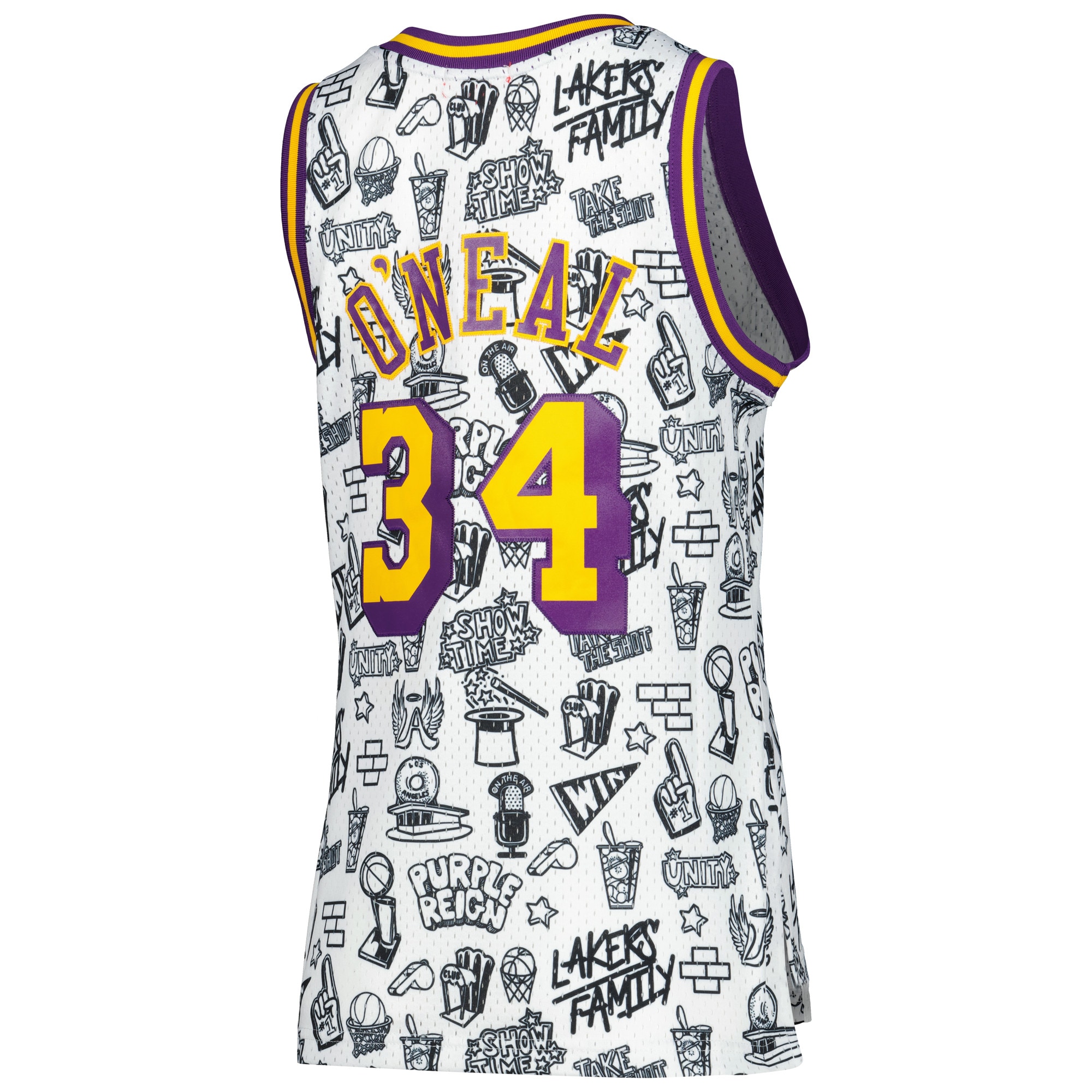 Mitchell Ness Shaquille O'Nea White Los Angeles Lakers 1996 Doodle Swingman NBA Jersey Women's