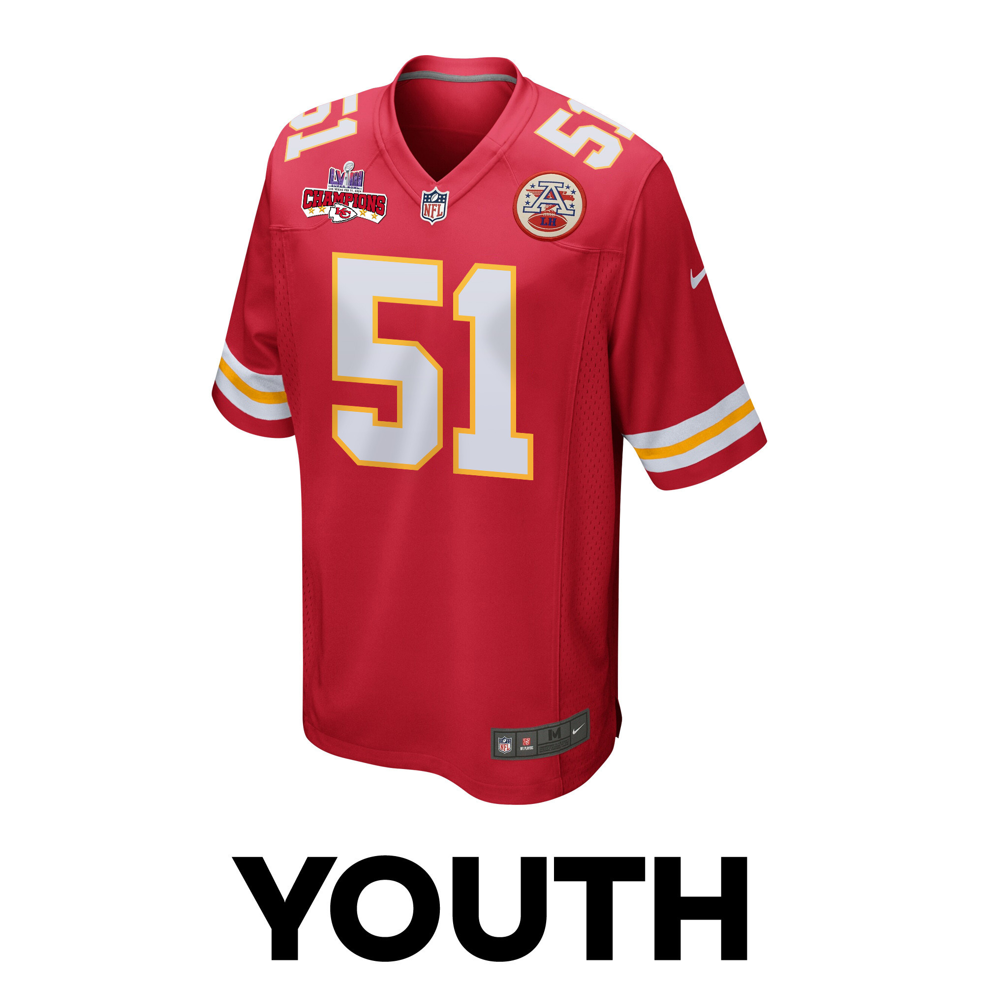 Mike Danna 51 Kansas City Chiefs Super Bowl LVIII Champions 4 Stars Patch Game Red NFL Jersey Youth