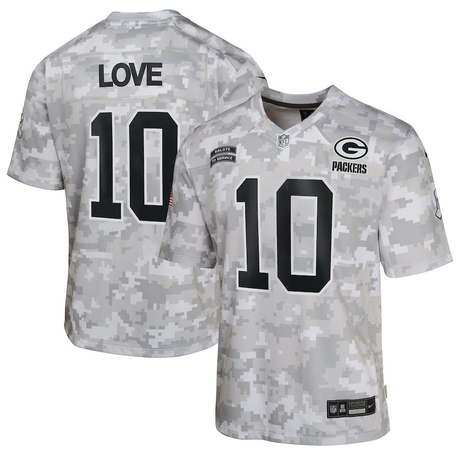 Jordan Love 10 Green Bay Packers 2024 Salute to Service Game Arctic Camo NFL Jersey Youth