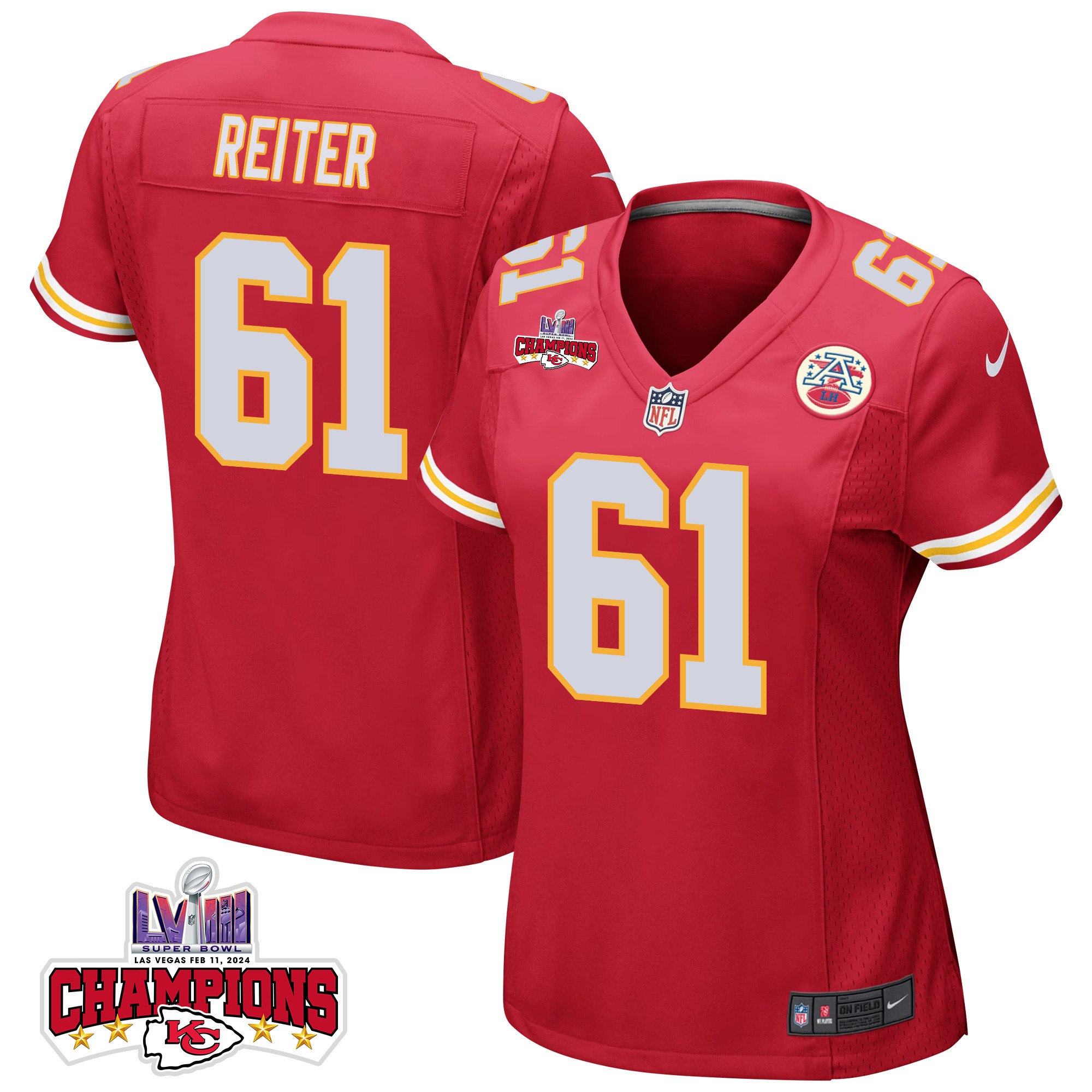 Austin Reiter 61 Kansas City Chiefs Super Bowl LVIII Champions 4 Stars Patch Game Red NFL Jersey Women's