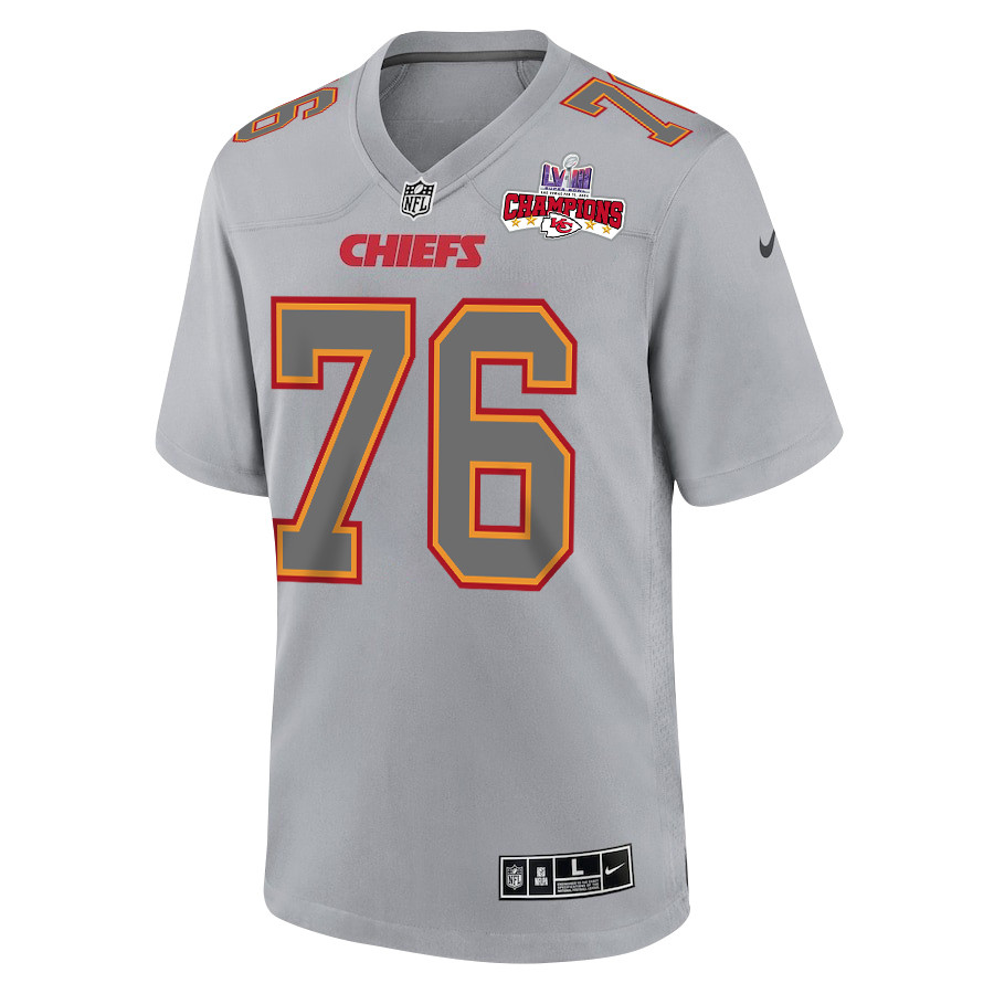 Prince Tega Wanogho 76 Kansas City Chiefs Super Bowl LVIII Champions 4 Stars Patch Atmosphere Fashion Game Gray NFL Jersey Men's