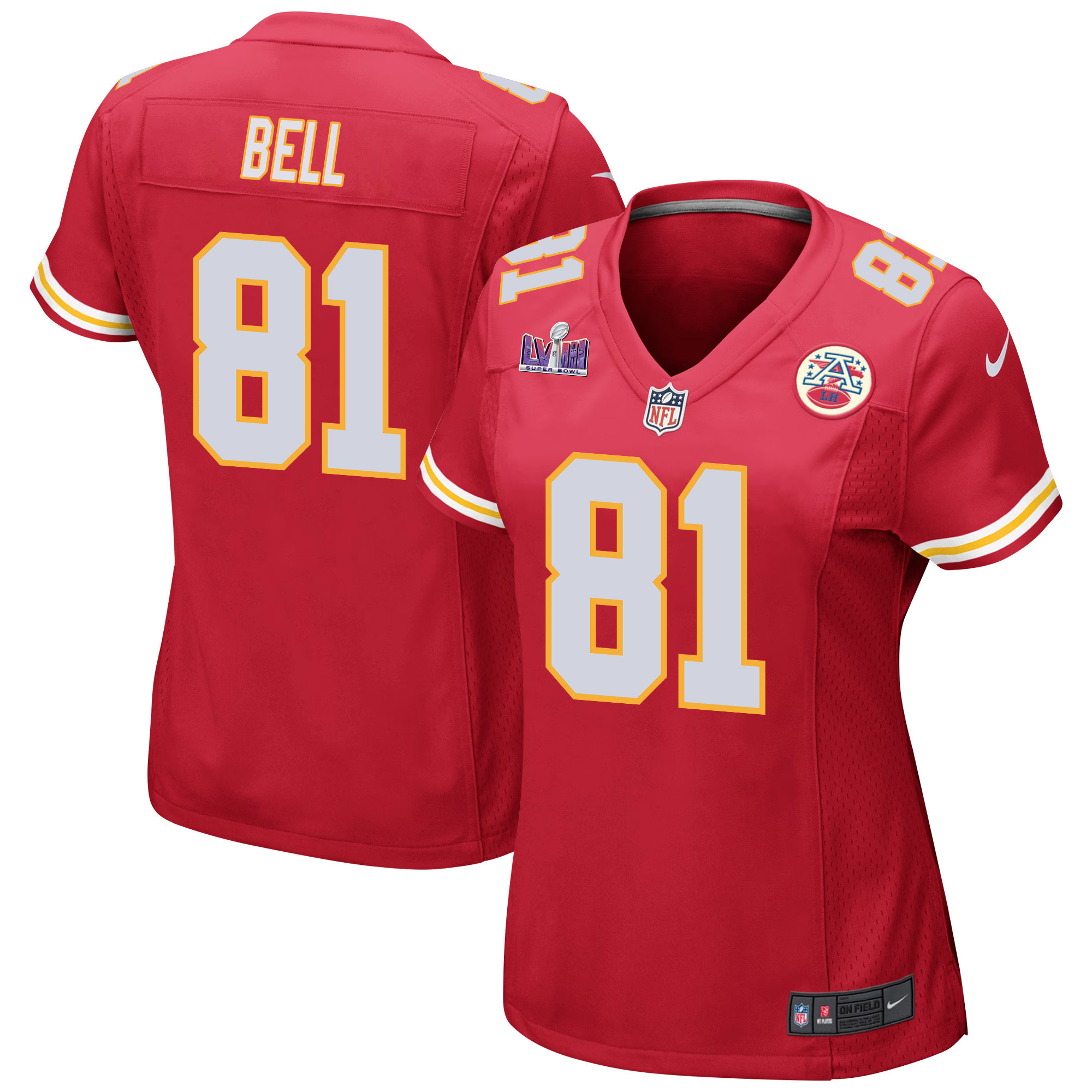 Blake Bell 81 Kansas City Chiefs Super Bowl LVIII Patch Game Red NFL Jersey Women's