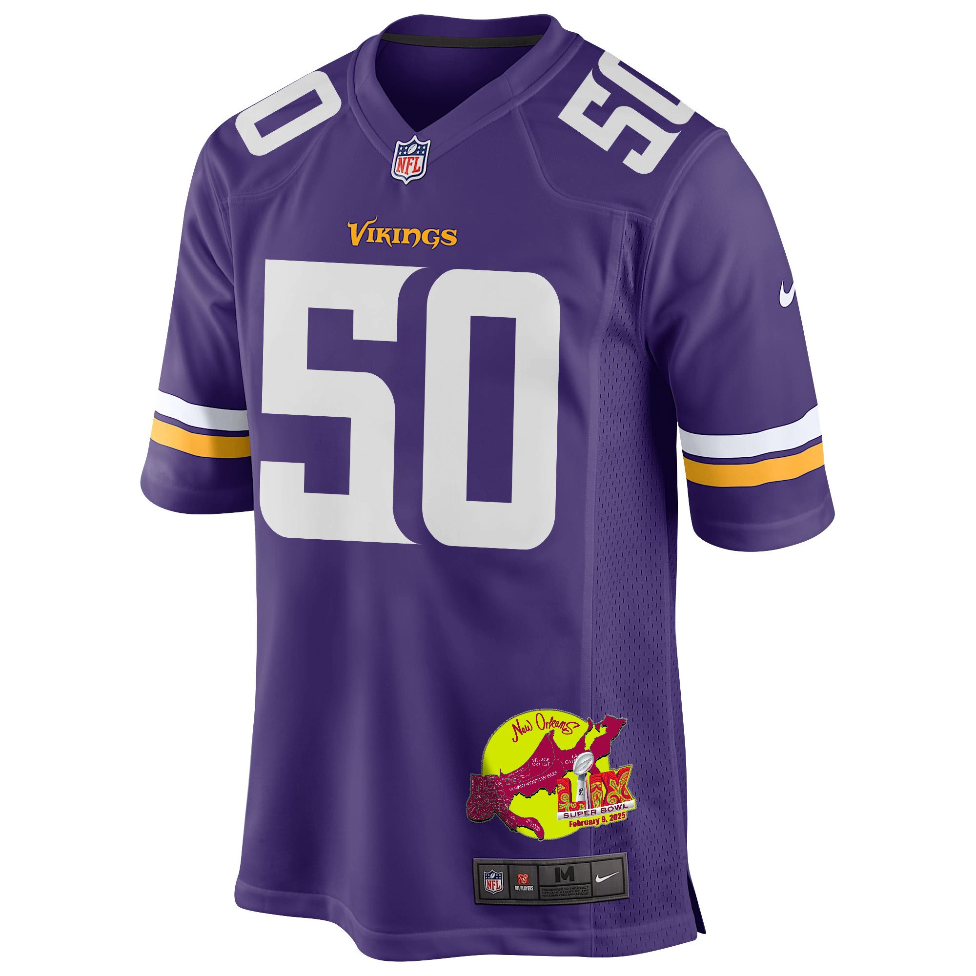 Levi Drake Rodriguez 50 Minnesota Vikings Super Bowl LIX New Orleans Patch Game Purple NFL Jersey Men's