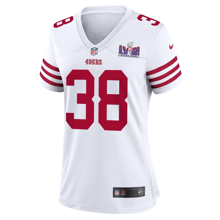 Kemon Hall 38 San Francisco 49ers Super Bowl LVIII Patch Game White NFL Jersey Women's