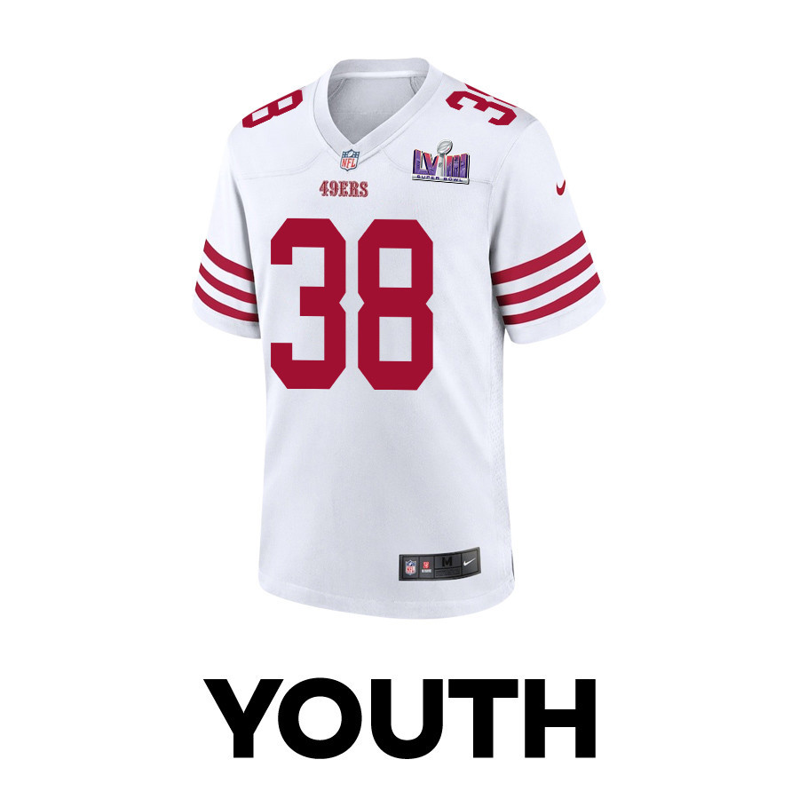 Kemon Hall 38 San Francisco 49ers Super Bowl LVIII Patch Game White NFL Jersey Youth