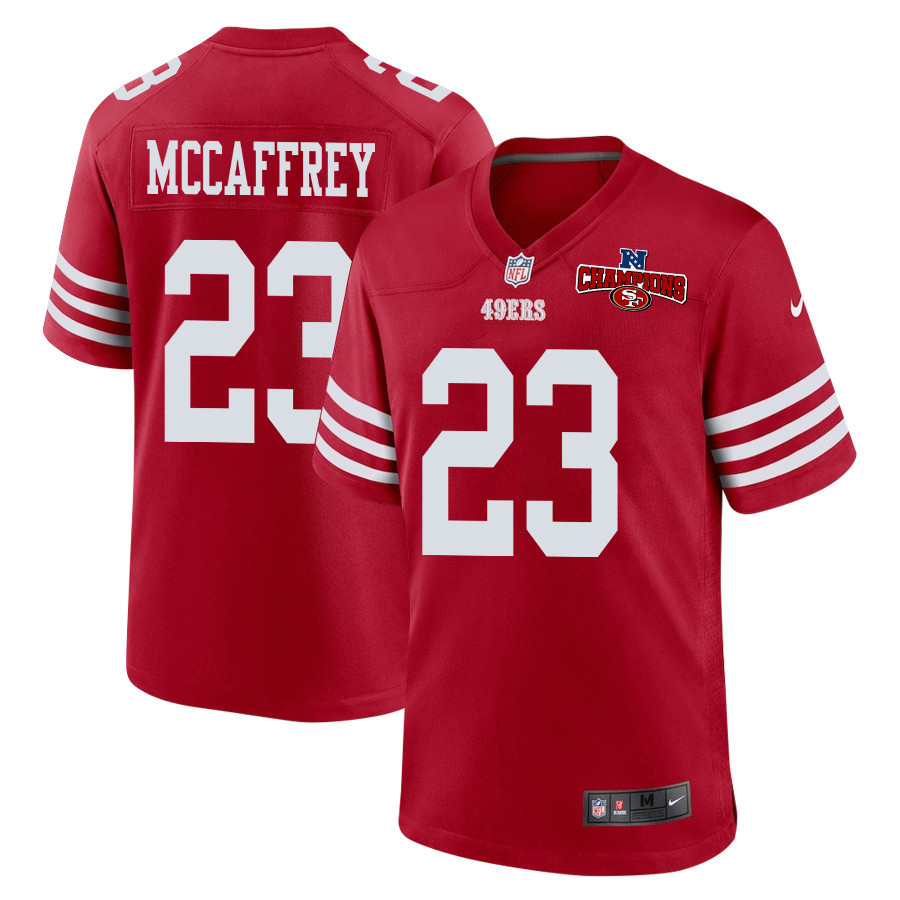 Christian McCaffrey 23 San Francisco 49ers NFC Champions Patch Game Scarlet NFL Jersey Men's