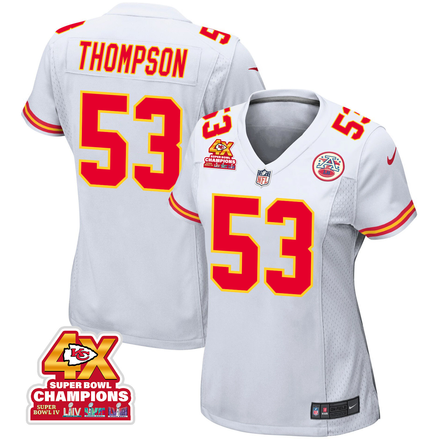 BJ Thompson 53 Kansas City Chiefs Super Bowl LVIII Champions 4X Game White NFL Jersey Women's